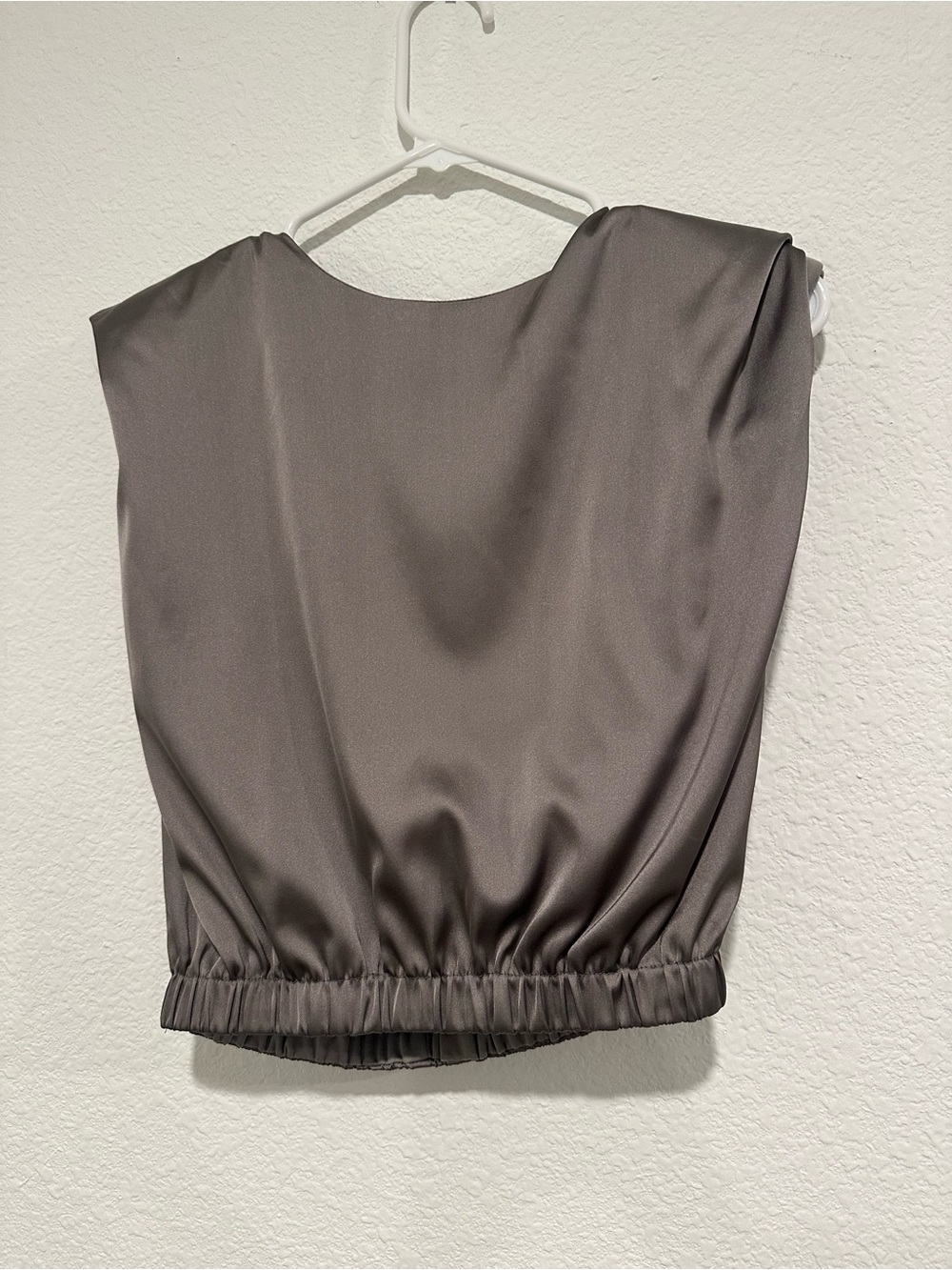 Satin Gray Sleeveless Blouse with Elastic Hem